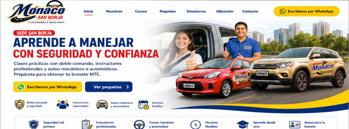 Diseño visual de Escuela de Manejo Mónaco San Borja con autos de práctica