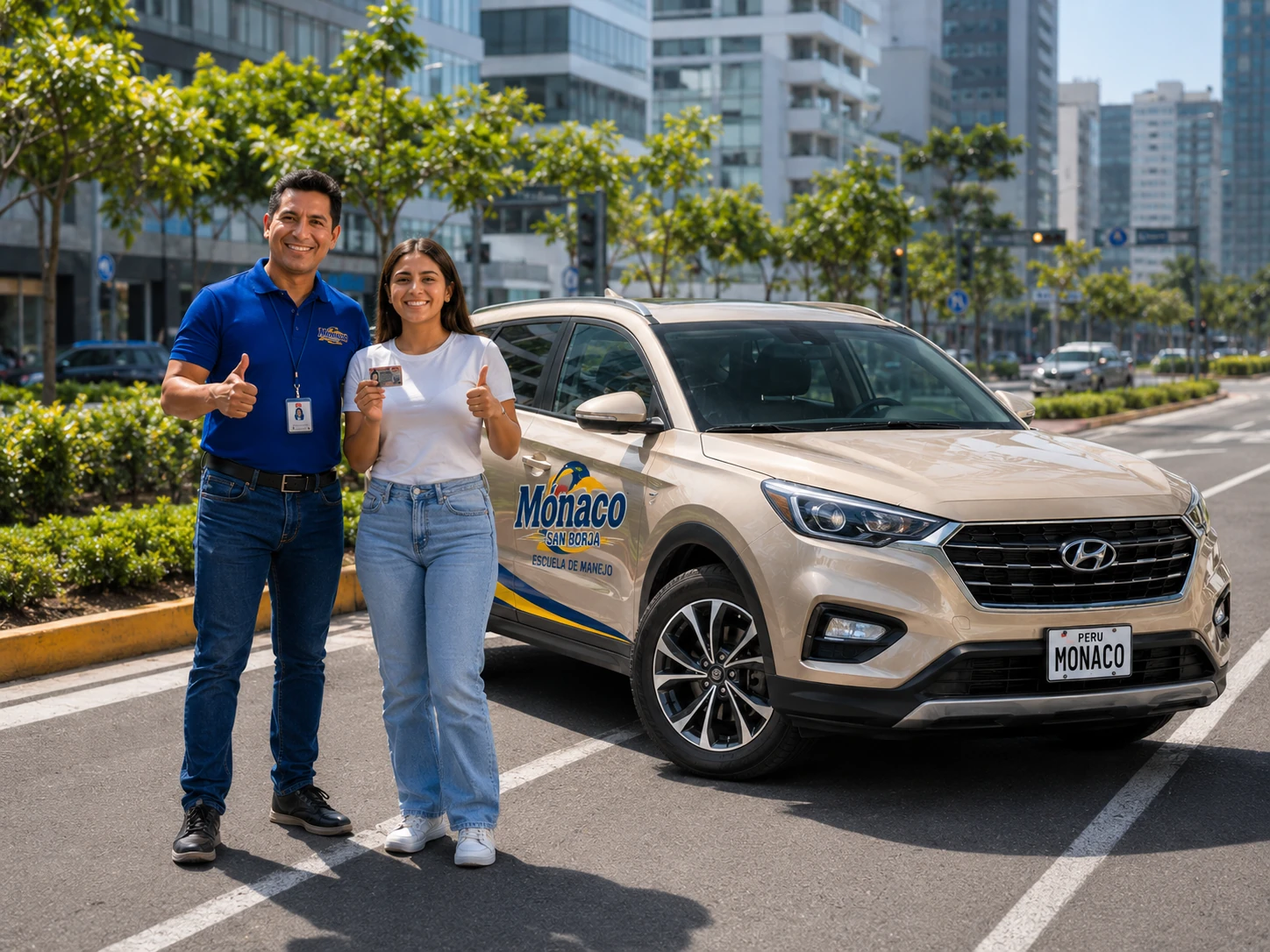 Instructor y alumna de Mónaco San Borja junto a camioneta de práctica en Lima